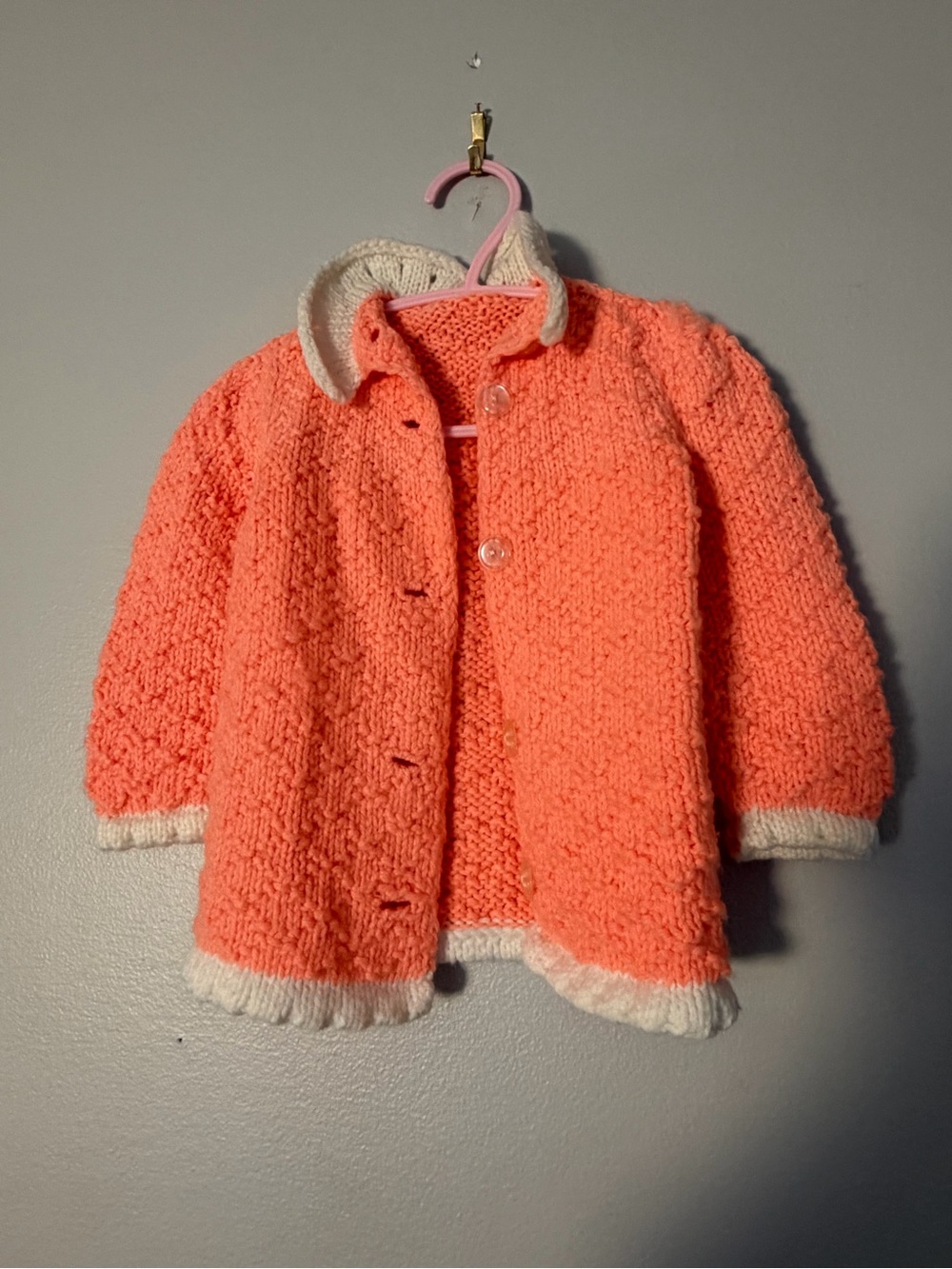 Vintage Knitted Coral Kids Jacket with Cream Trim
